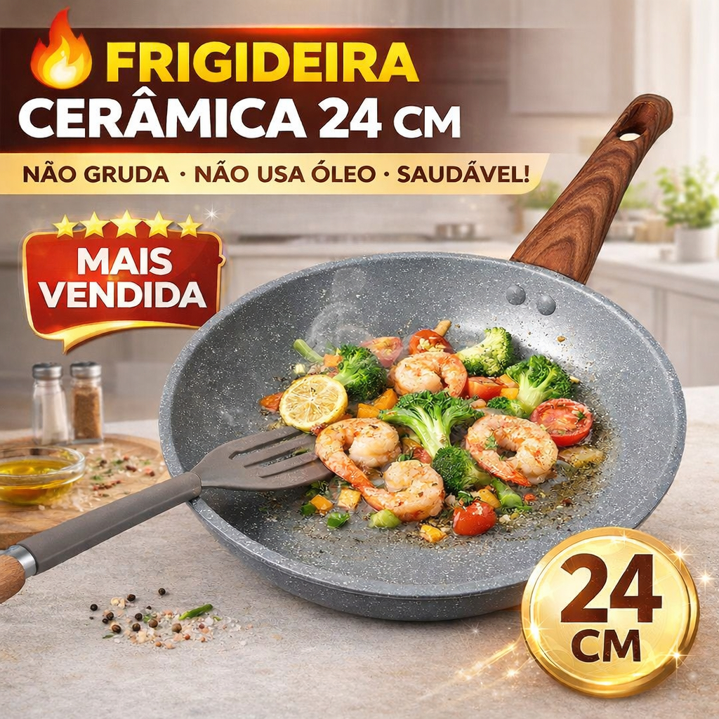 Frigideira Antiaderente 24cm Cerâmica, Cozimento Uniforme, Limpeza Fácil, Sem Óleo
