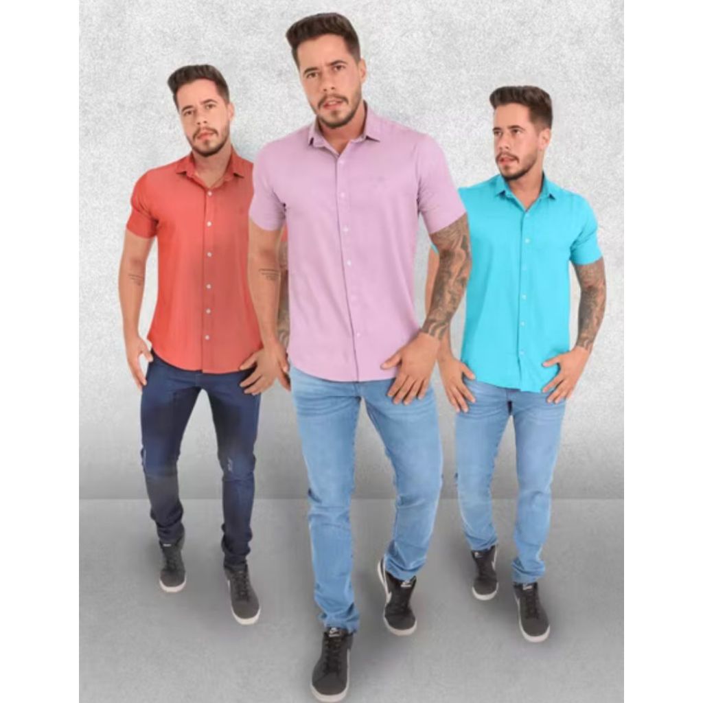 Camisa Masculina Manga Curta Slim Tencel Casual Social Confortável Leve Moderna Estilo Verão Moda
