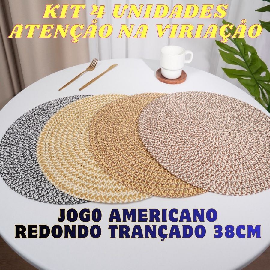 Jogo Americano De 4 Redondo 38cm Trançado Artesanal Descanso Mesa Jantar Chique Rústica