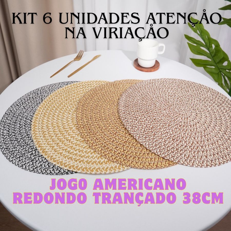 Jogo Americano DE KIT6 Redondo 38cm Trançado Artesanal Descanso Mesa Jantar Chique Rústica