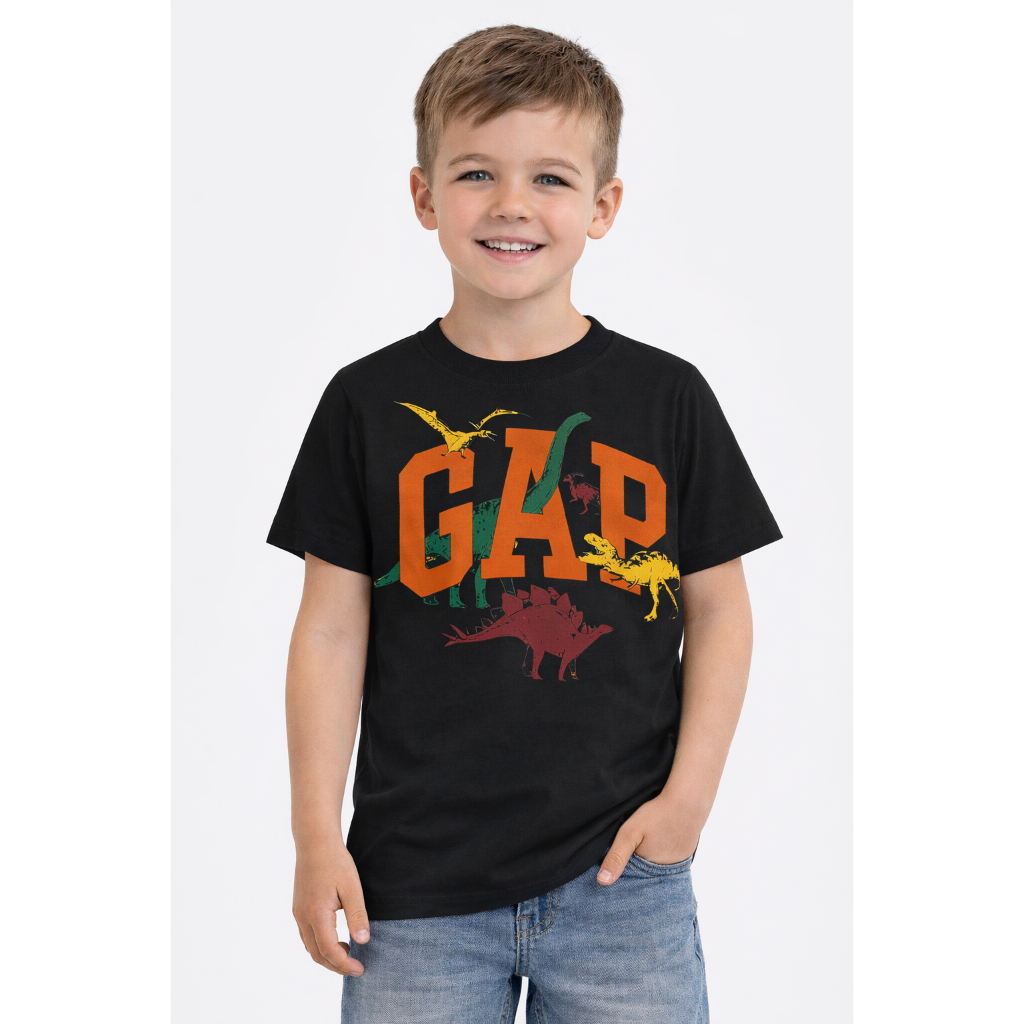 Camiseta Infantil Dinossauro GAP Estampa Fofa Estilo Casual Moda Kids Menino Algodão Confortável