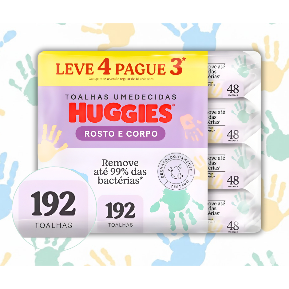 Kit c/4 Pacotes Lenços Umedecidos Huggies - 192 Toalhas - Limpeza Rosto e Corpo - Envio Imediato em Oferta na Shopee
