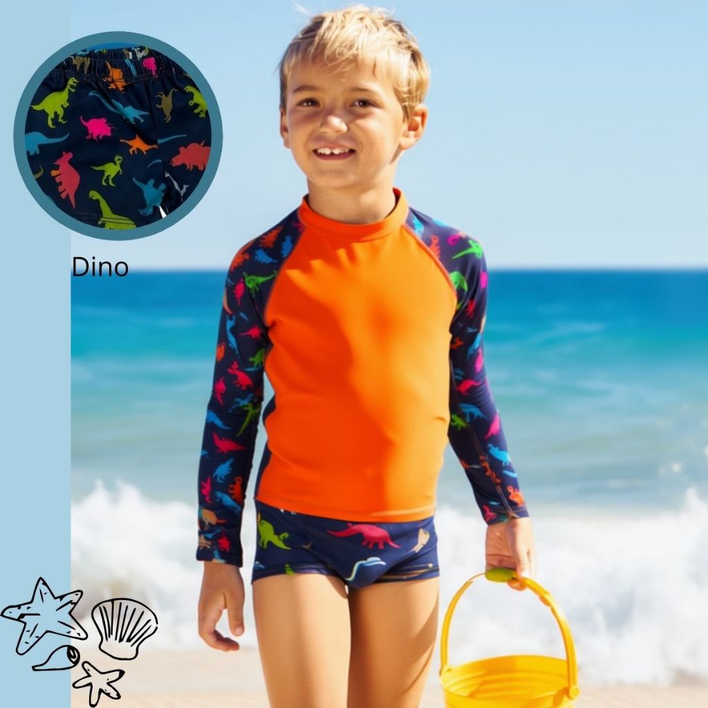 Conjunto Blusa Camiseta Térmica e Sunga Boxer Roupa de Banho Moda Praia Uv Infantil Menino Piscina