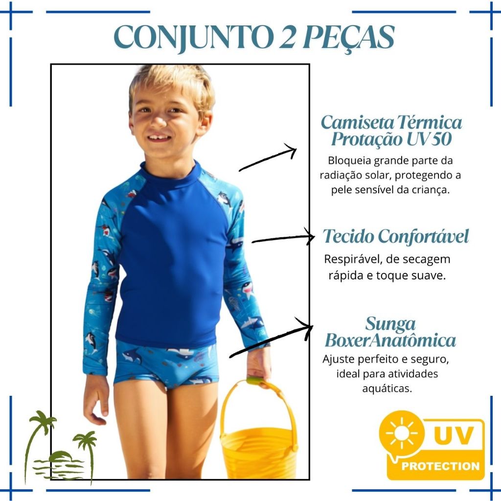 Kit Conjunto Camiseta Térmica Sunga Menino UV Proteção Solar Moda Praia Piscina Infantil Banho Verao