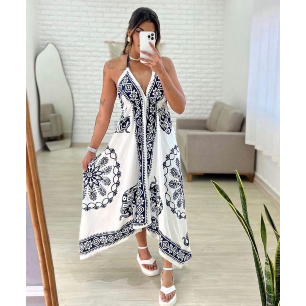 Vestido Lenço Feminino Estampado Leve Soltinho Com Amarração No Pescoço Moda Verão Praia Casual