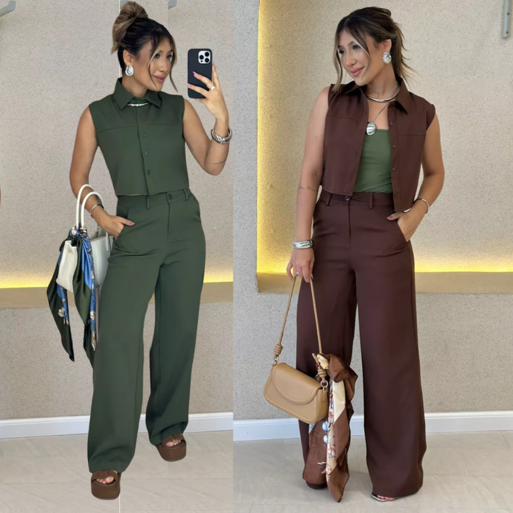 Conjunto Alfaiataria Feminino Clássico Calça Pantalona + Colete Sem Mangas Cintura Alta em Oferta na Shopee