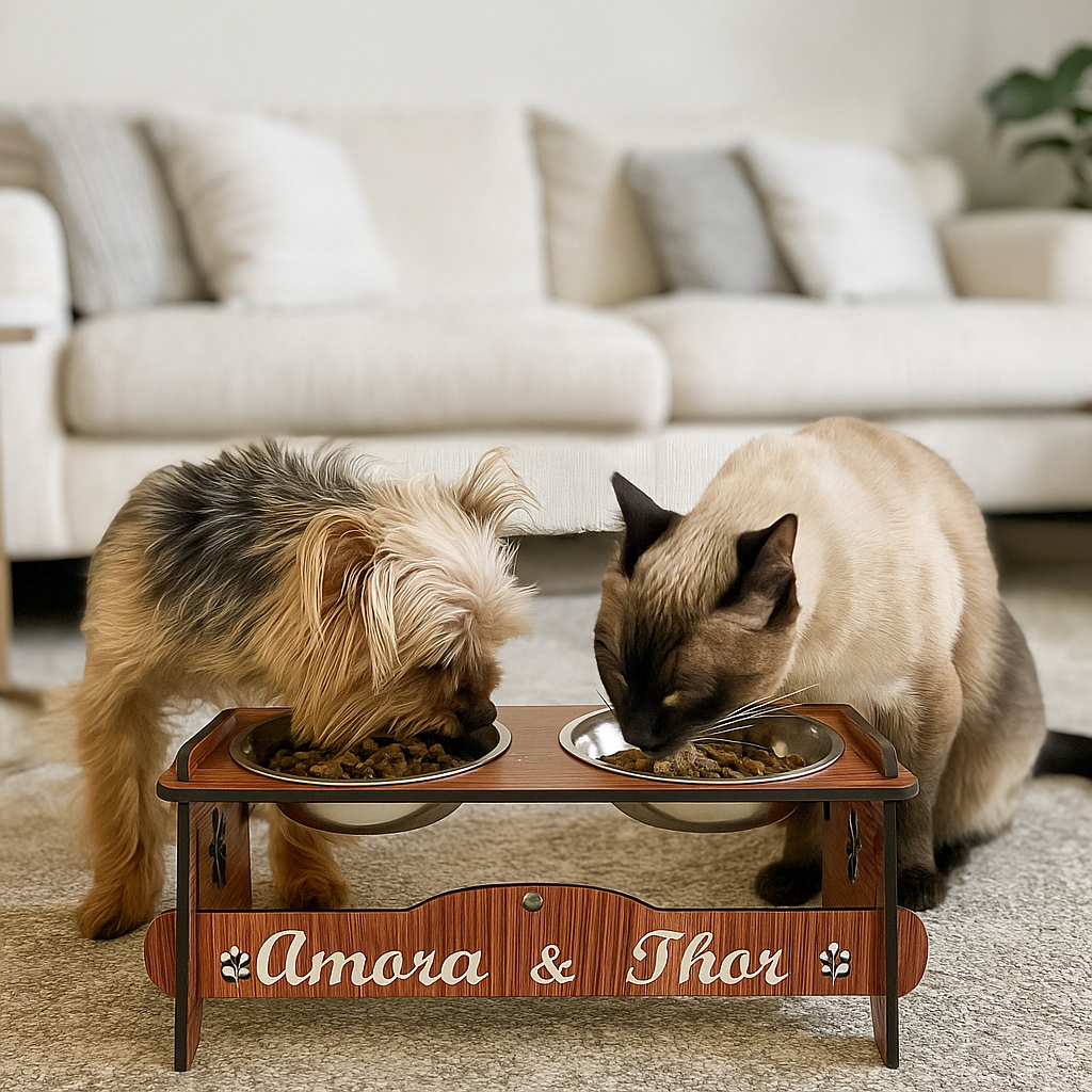 Comedouro Bebedouro PERSONALIZADO Duplo Com Tigelas Inox + Tampas P Cães/Gatos