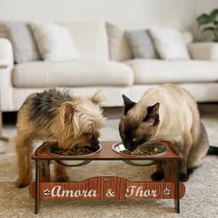 Comedouro Bebedouro PERSONALIZADO Duplo Com Tigelas Inox + Tampas P Cães/Gatos