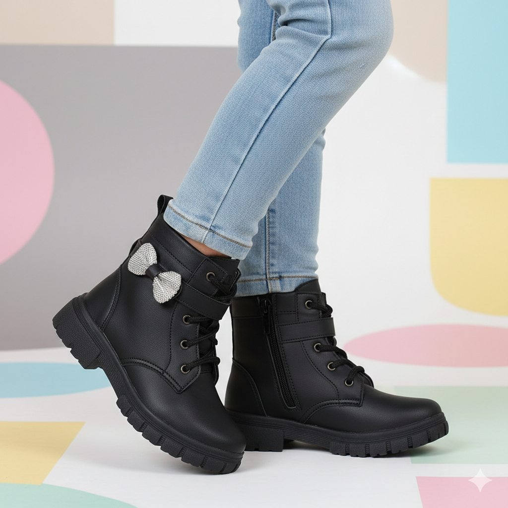 Coturno Feminino 3 em 1 Beakid Bota Preta Com Enfeite Infantil Menina