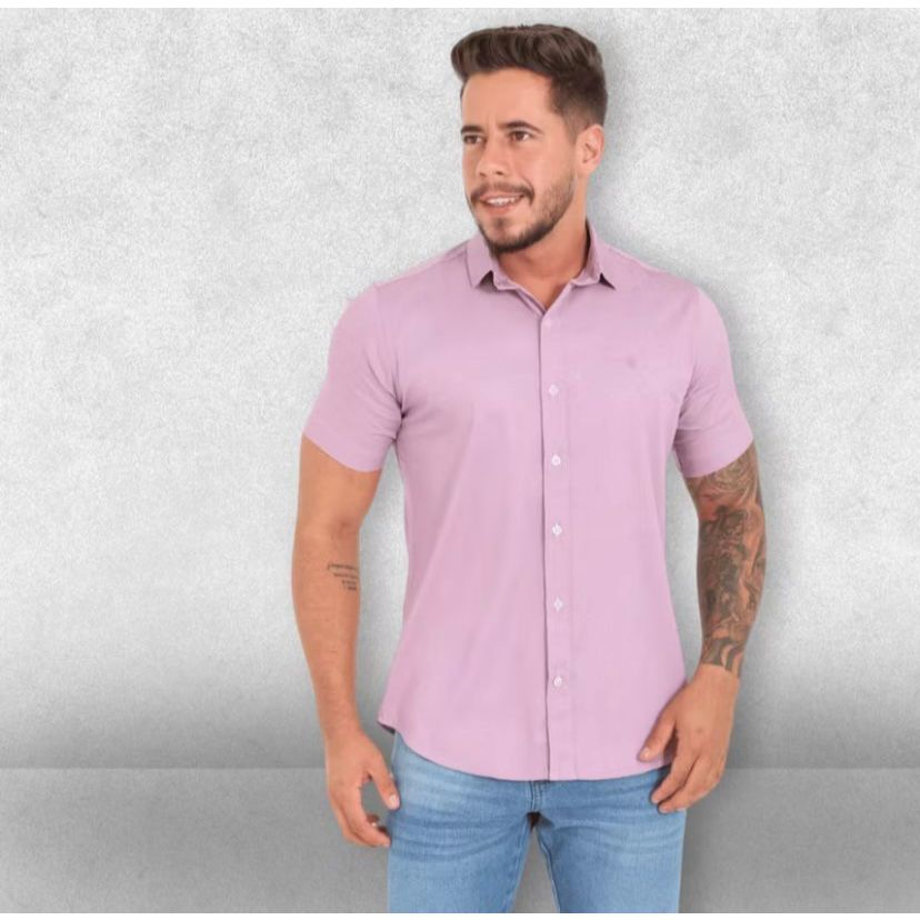 Camisa Masculina Manga Curta Slim Tencel Casual Social Confortável Leve Moderna Estilo Verão Moda