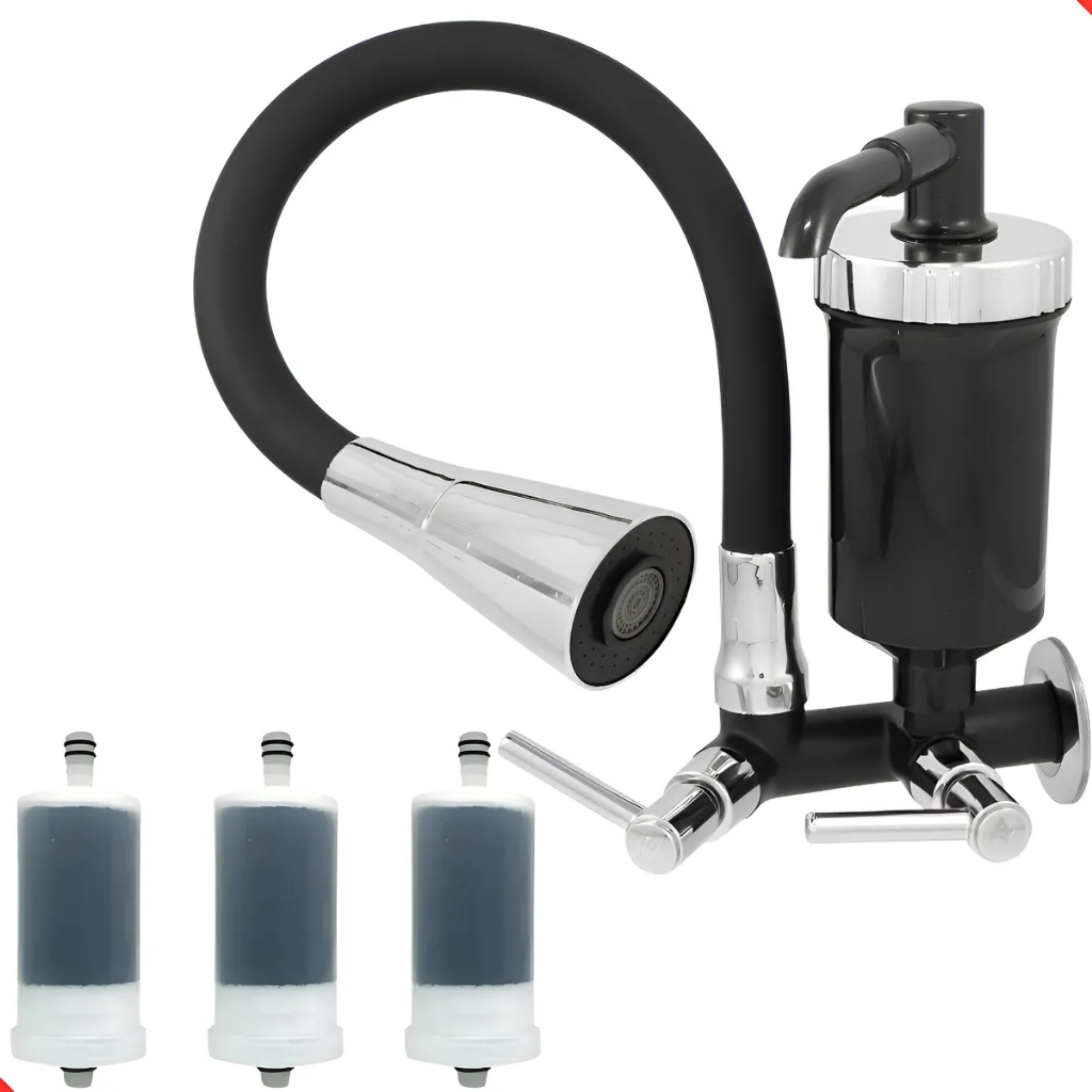 Torneira Cozinha Parede Filtro Tubo Flexível Dupla Função Gourmet Luxo Metal + 3 Refil Filtro
