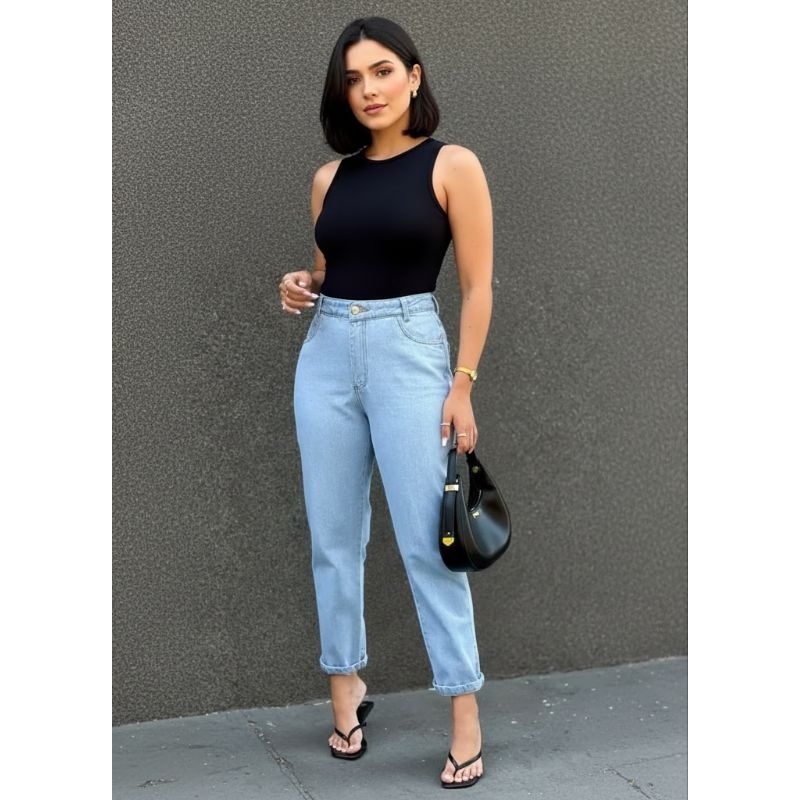 calça mom jeans cintura alta Azul claro tamanho 38 100% algodão