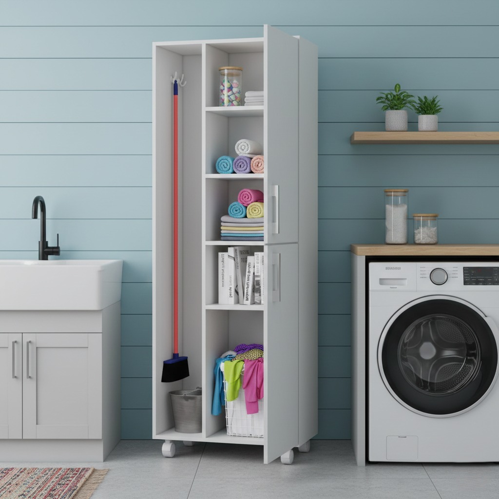 Armário Multiuso 2 Portas para Lavanderia com Prateleiras e Rodízios em Oferta na Shopee