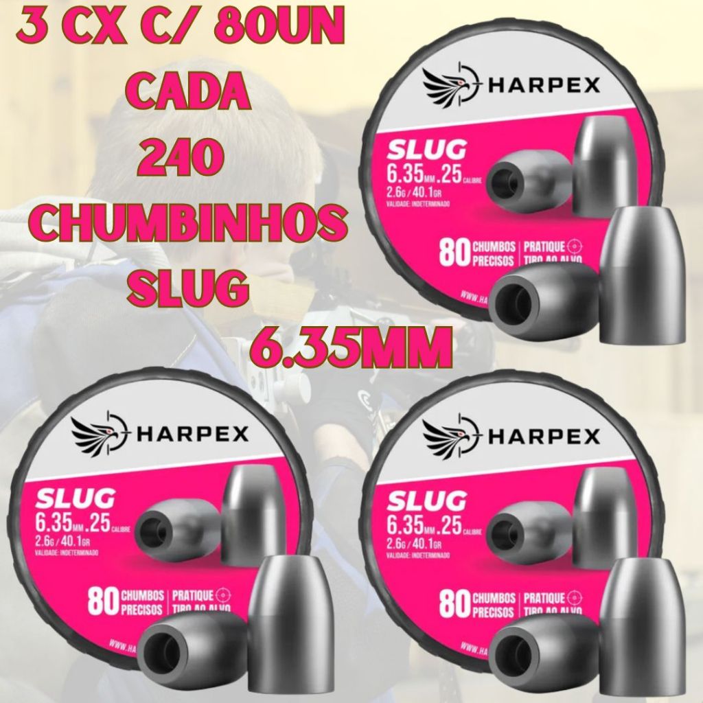Kit 3x Chumbinho Harpex Slug 6.35mm .25 2,6g 40.1gr PCP