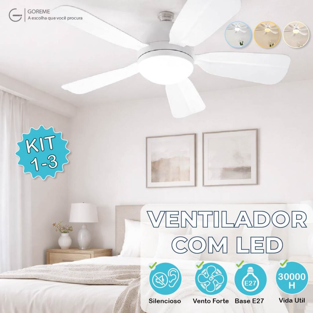 Imagem Ventilador de Teto LED 60W 80W Lâmpada E27 Controle Remoto Bivolt Luminária ECO Bivolt
