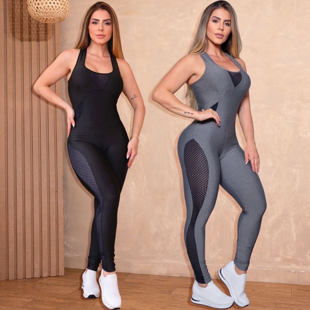 Macacão Fitness Feminino Com Decotes Em Tela e Bojo Zero Transparência Para Treinar Academia Premium em Oferta na Shopee