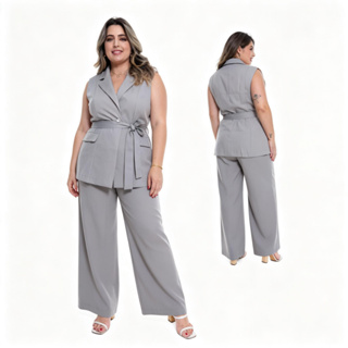 Conjunto Feminino Plus Size Colete Com Faixa E Calca Com Elastino Cos Pantalona CONPL-049 em Oferta na Shopee