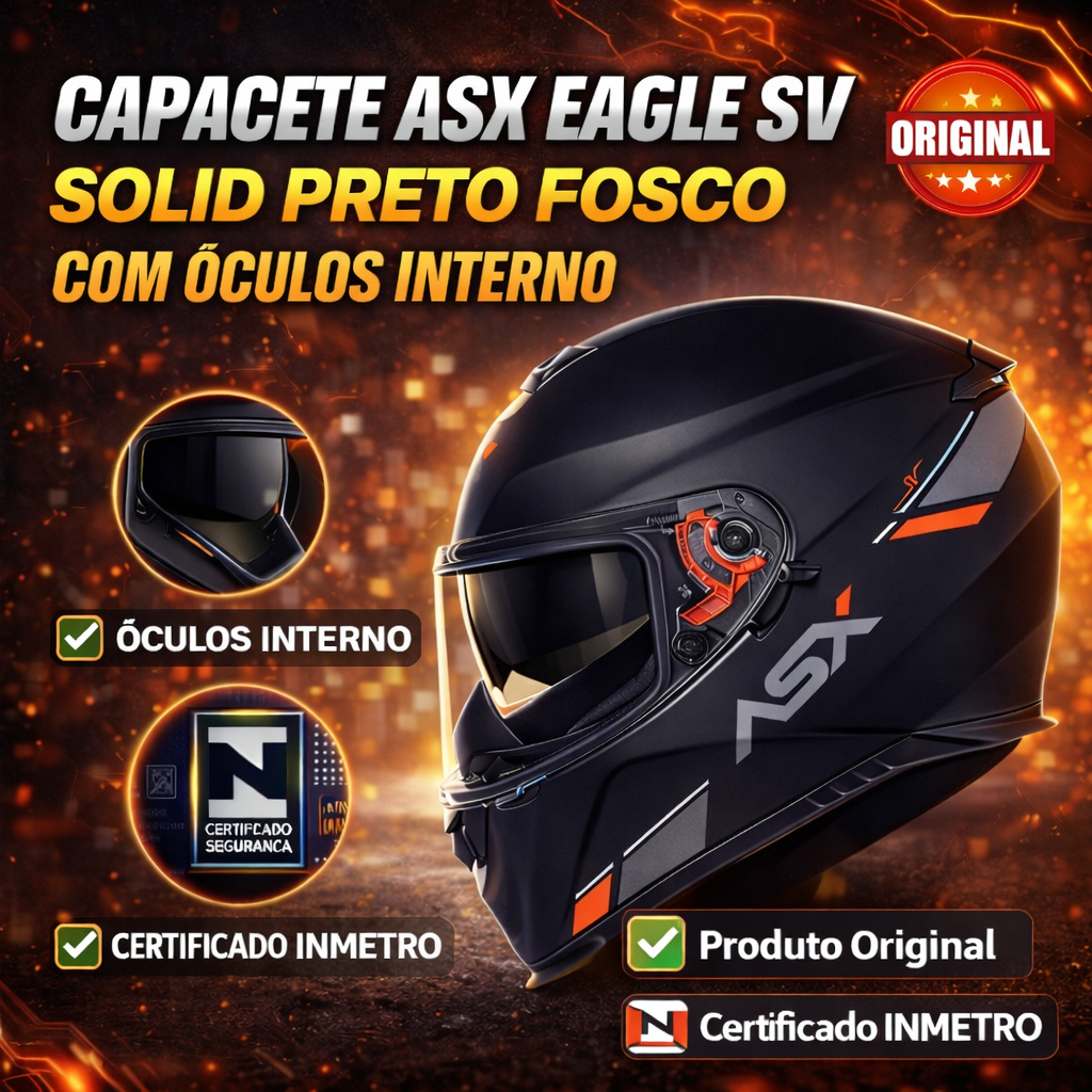 CAPACETE ASX EAGLE SV SOLID PRETO FOSCO OCULOS INTERNO ORIGINAL FECHADO MODELO ESPORTIVO INMETRO