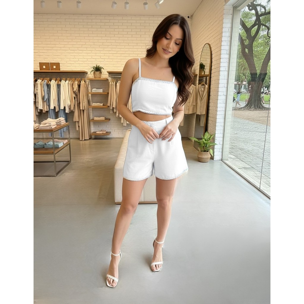 Conjunto Linho Short E Cropped Regata Verão Casual Feminino