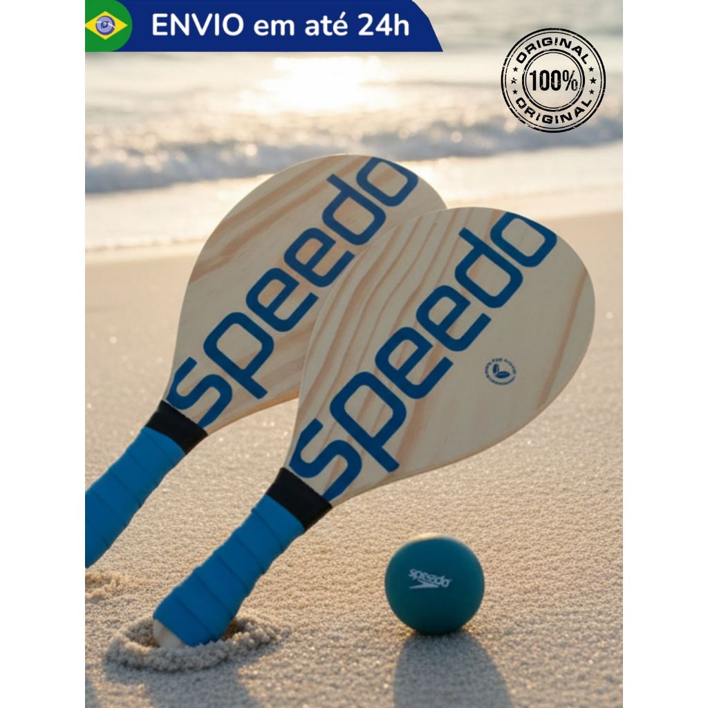 Kit Frescobol Raquete Madeira Bolinha Bola Tênis de Praia Areia Jogo Speedo Original Premium