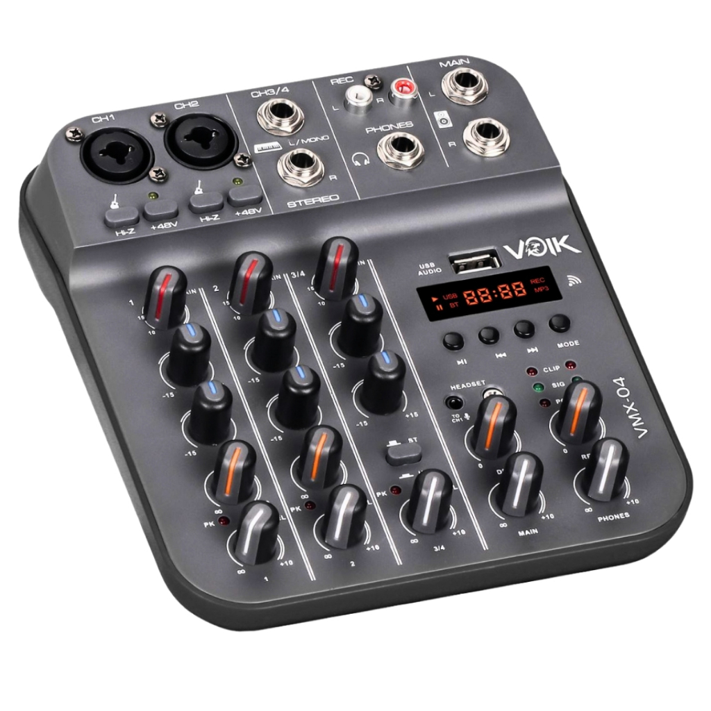 Mesa De Som 4 Canais Voik VMX-04 USB Bluetooth Efeitos Delay e Repeat Interface de Áudio 48v Phantom Power HI-Z Bivolt