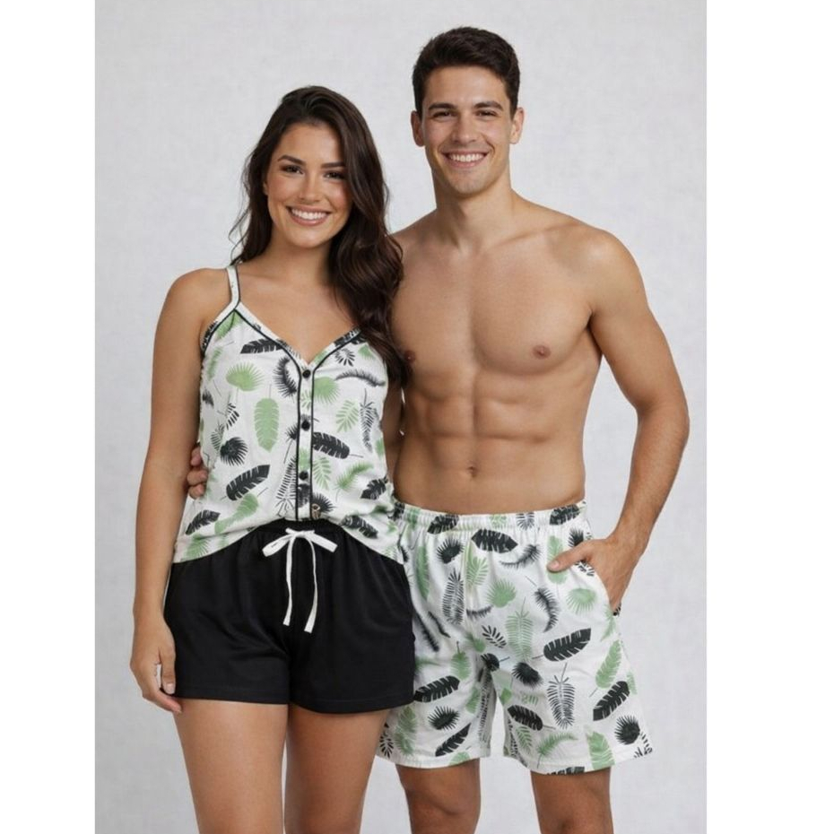 Kit Pijama Casal Feminino Alça e Botões Americano e Samba Canção Masculino Kit Namorados Verão/Calor