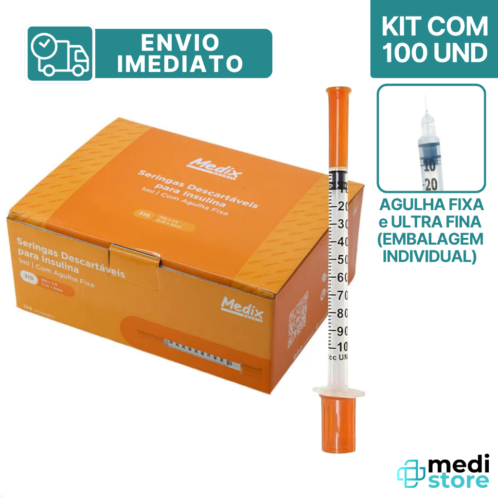 Seringa Insulina Botox Estéril 1ml 6x0,25mm Agulha Fixa Ultra Fina 31g Medix - 100 Unidades