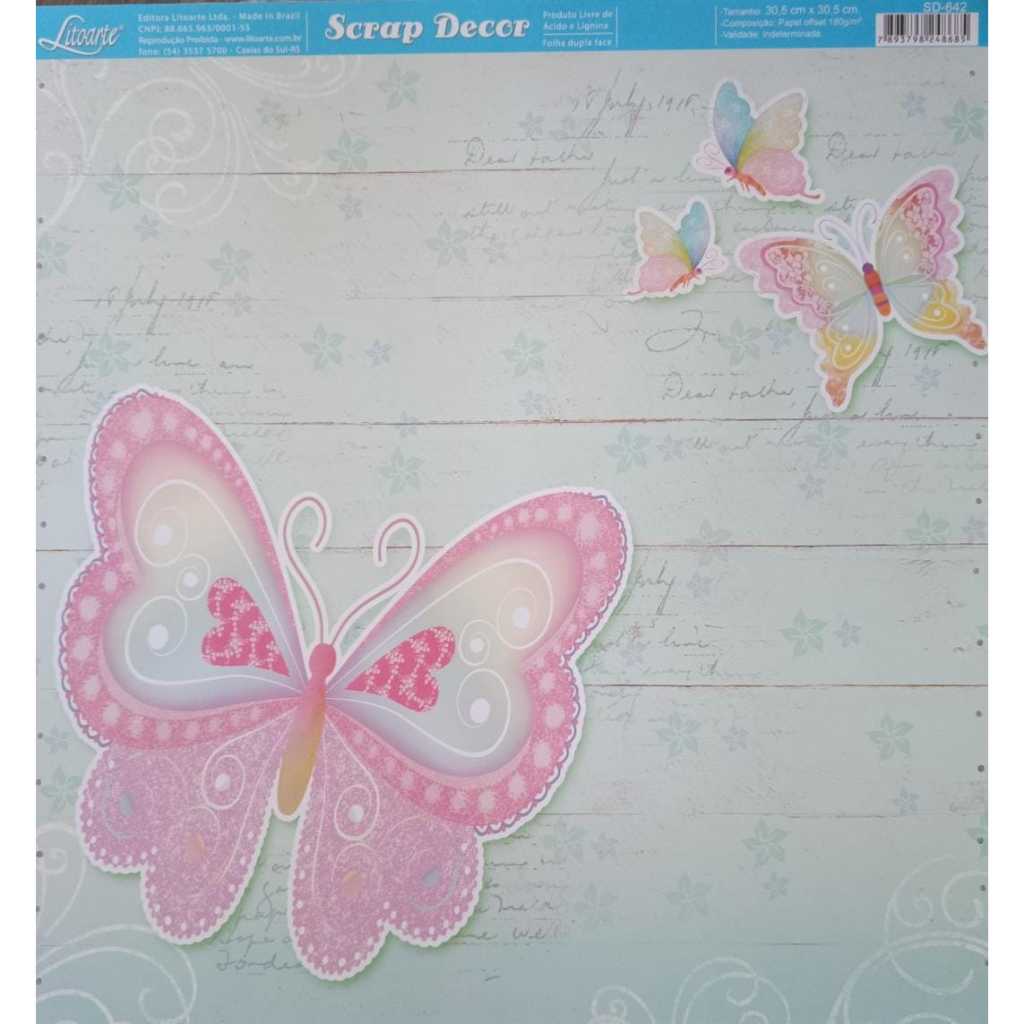 Papel Para Scrapbook Dupla Face Borboletas Fundo Verde - Litoarte SD-642   30,5X30,5