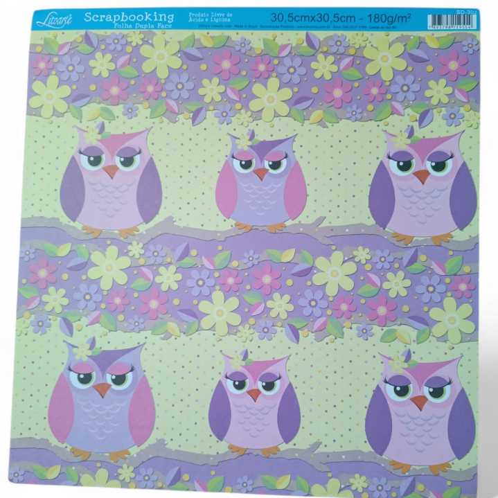 Papel Para Scrapbook Dupla Face Coruja , Flores , Fundo Amarelo - Litoarte SD-302   30,5X30,5