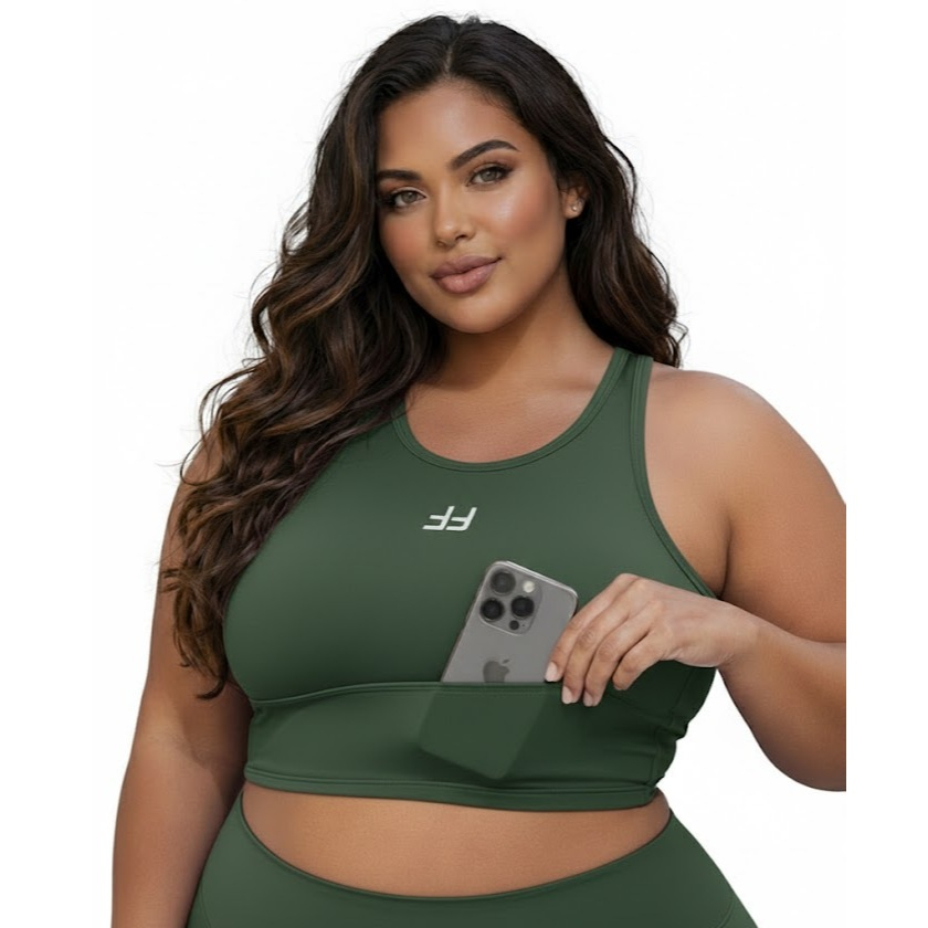 Top Cropped Plus Size Academia Alta Compressão Com Bolso Com Alça Grossa e Alta Sustentação Para Corrida Crossfit