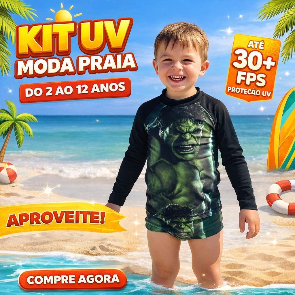 Conjunto Moda Praia Infantil UV Hulk Proteção Solar FPS 30+ | Camiseta Manga Longa + Sunga | 2 a 12 Anos