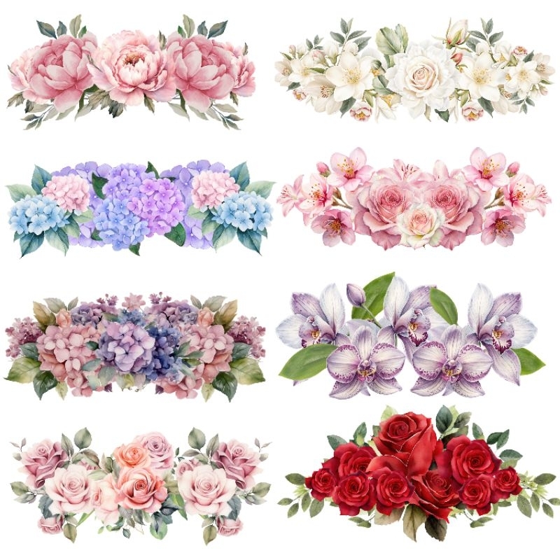 kit estampa dtf termocolante com 8 estampas florais.