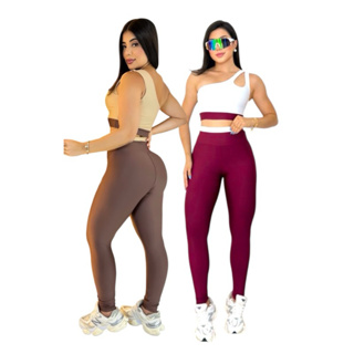 kit 2 conjunto bicolor calça e top zero transparência academia fitness nula alça gota em Oferta na Shopee