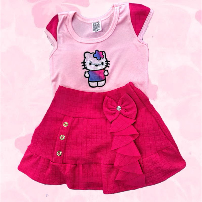 Blusinha e SAIA cor PINK Infantil Menina kit Moda Verão Confortavel Estampa Aleatoria