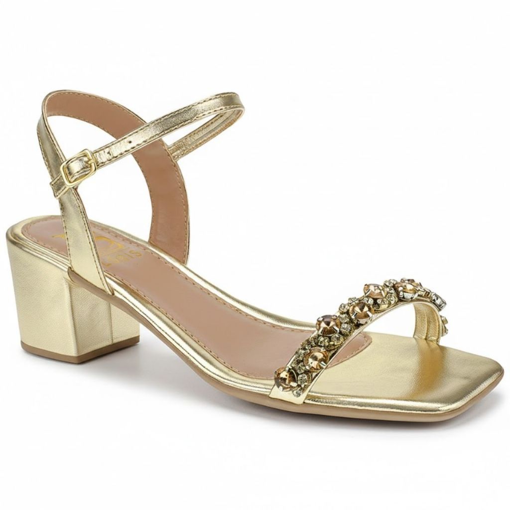 Sandália de Pedraria Strass Chique Fivela Ajustável Salto Bloco Confortável 030-100 em Oferta na Shopee