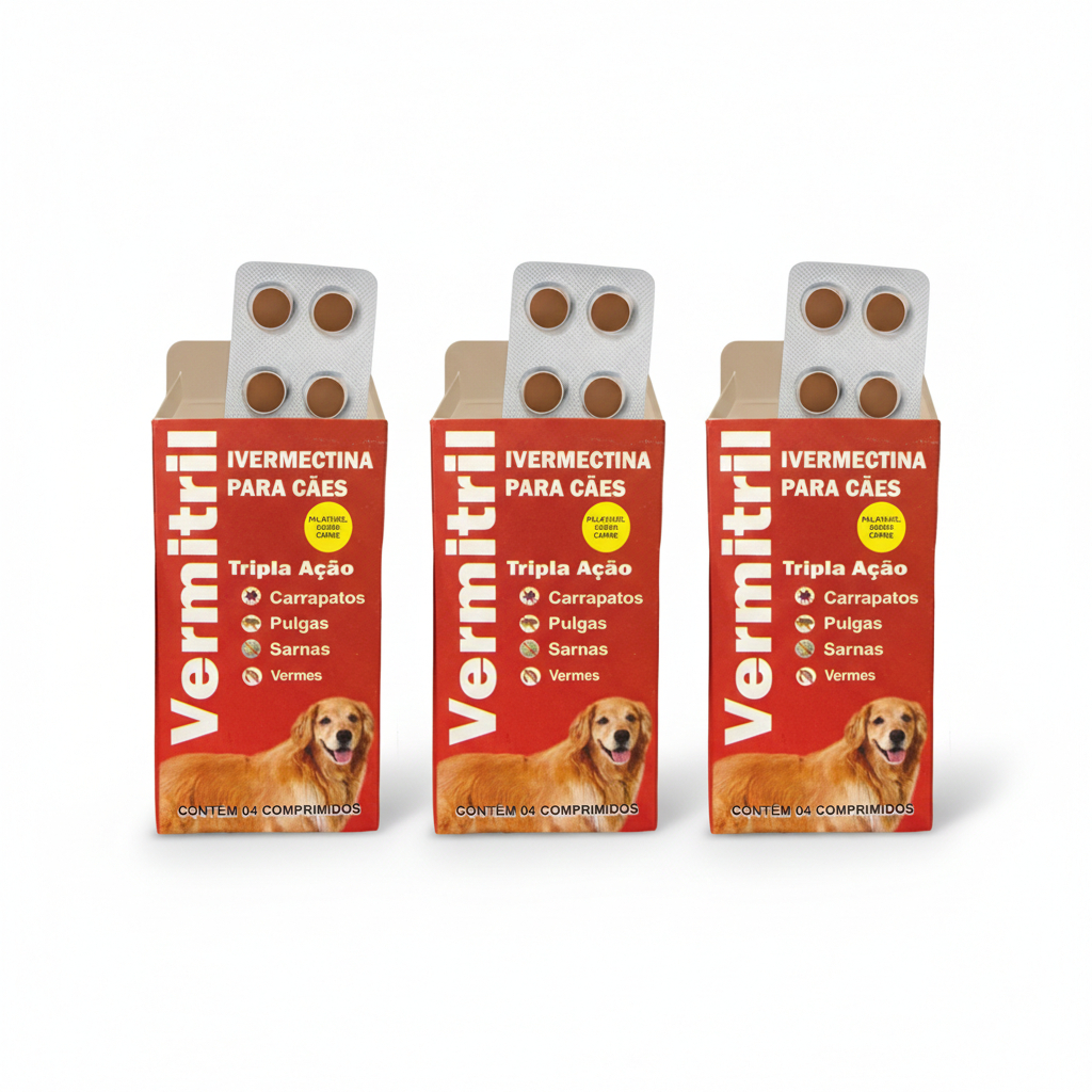 Vermitril 15Kg 12 Comprimidos – Controle de Pulgas, Carrapatos e Vermes Sabor Carne Premium