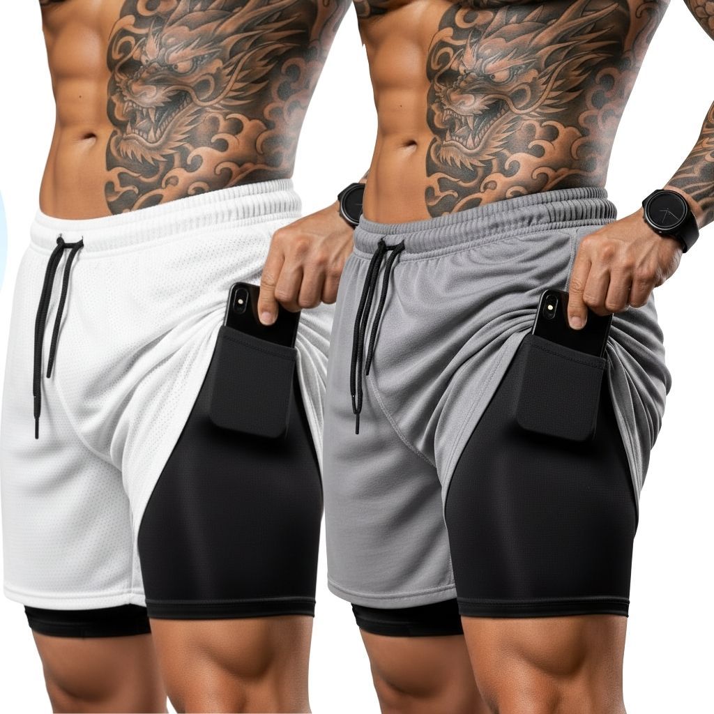Kit 2 Shorts Masculinos 2 em 1 Fitness com Bolso Interno – Academia, Corrida e Treinos Esportivos Lançamento