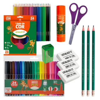 Kit Escolar Lápis de Cor 12 ou 24 Cores Hidrocor Apontador Borracha Cola Material Escolar Completo em Oferta na Shopee