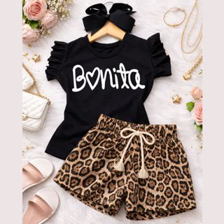 onjunto Infantil Bonita 🖤🐆 Blusa com Babado + Short Oncinha em Oferta na Shopee