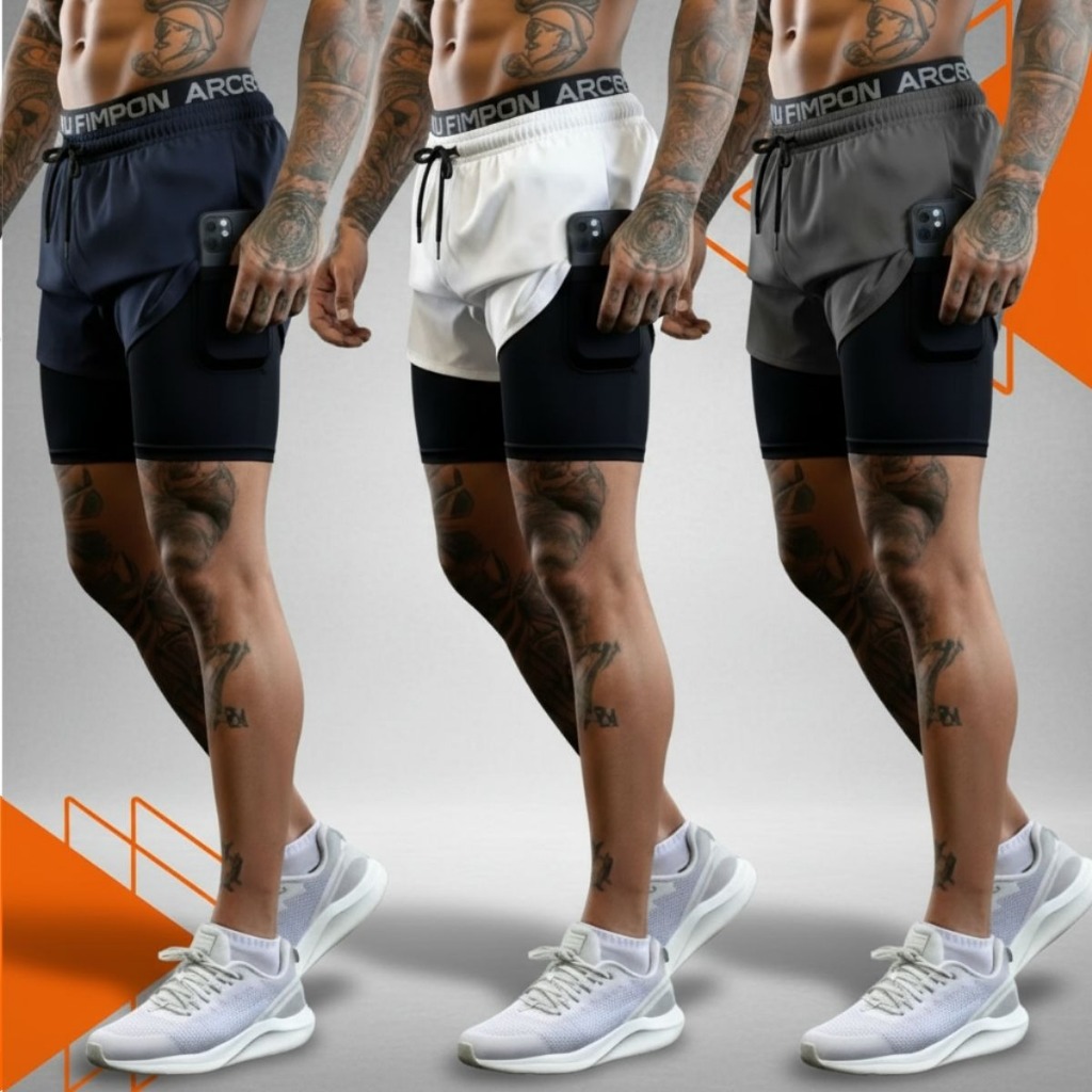 Kit 2 Bermudas 2 em 1 Sports Para Academia Masculina em Oferta na Shopee