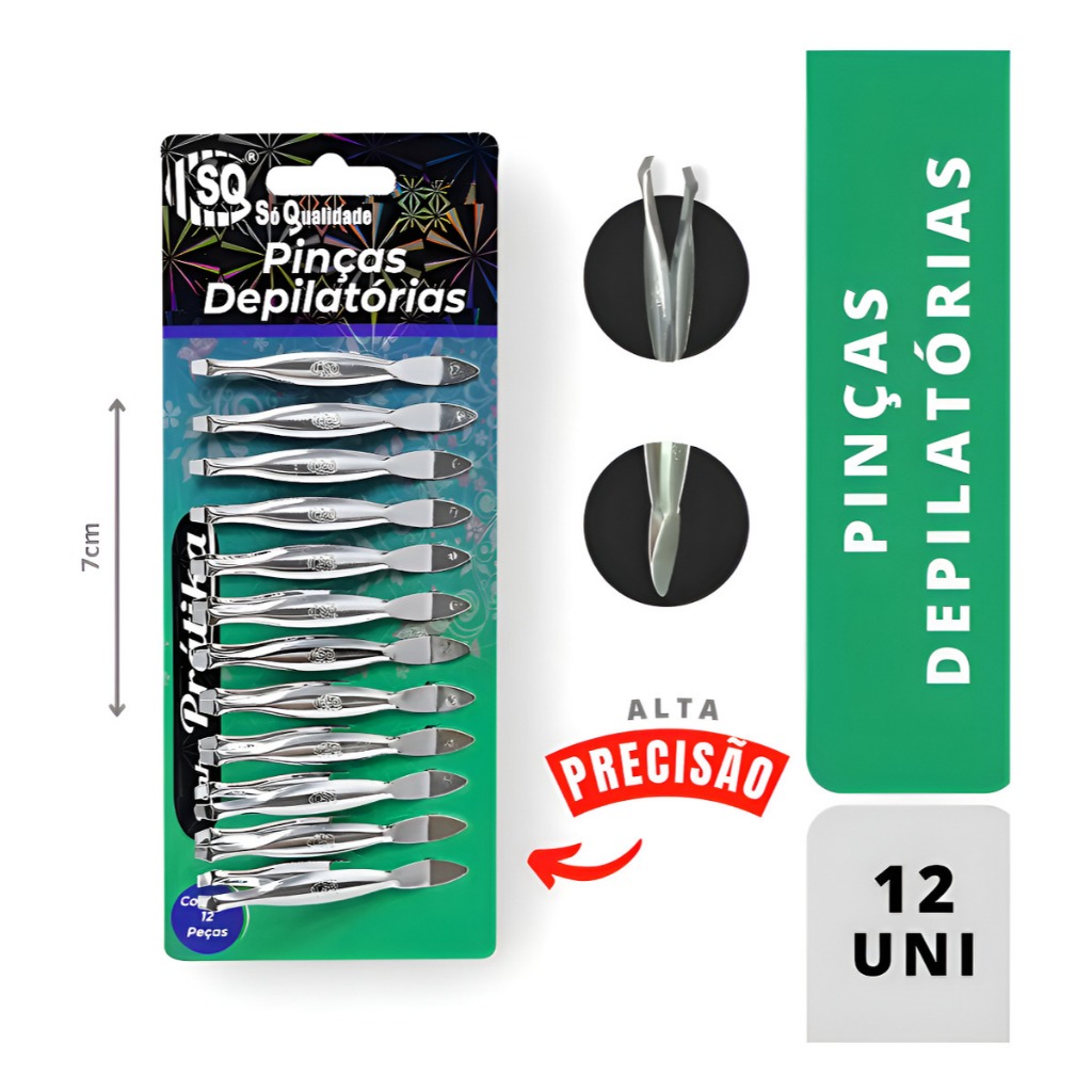 Kit 12 Pinças Depilatórias Aço Inox Sobrancelhas Cílios Buço Uso Profissional Aço Inox