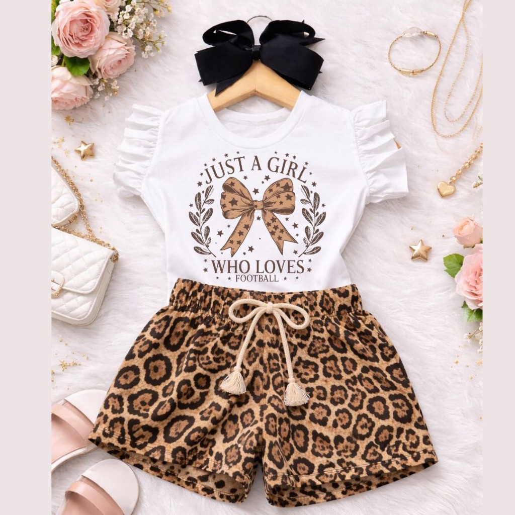 Conjunto Infantil Feminino Menina Fashion  Blusa Babado Estampada “Just a Girl Who Loves Football” + Short Animal Print