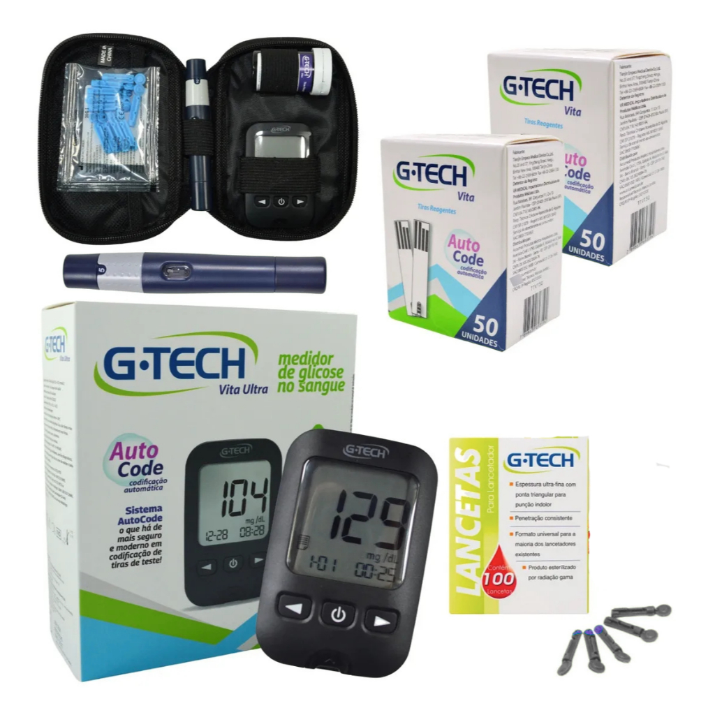 Kit Medidor de Glicose +110 Tiras +110 Lancetas G Tech Vita Ultra Estojo Caneta Lancetadora Completo em Oferta na Shopee