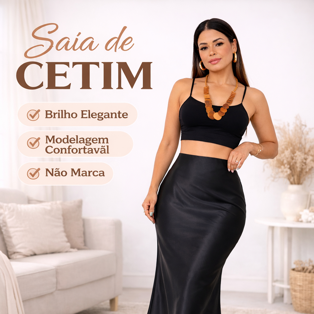 Saia Midi de Cetim Feminina Lisa Cintura Alta Elegante Não Marca