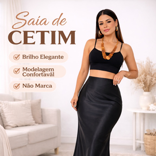 Saia Midi de Cetim Feminina Lisa Cintura Alta Elegante Não Marca em Oferta na Shopee