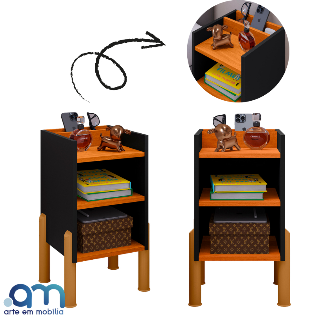 Kit 2 Criados-Mudos Compactos com Porta-Celular e Pés Retrô – Mesa de Cabeceira Lateral Moderna