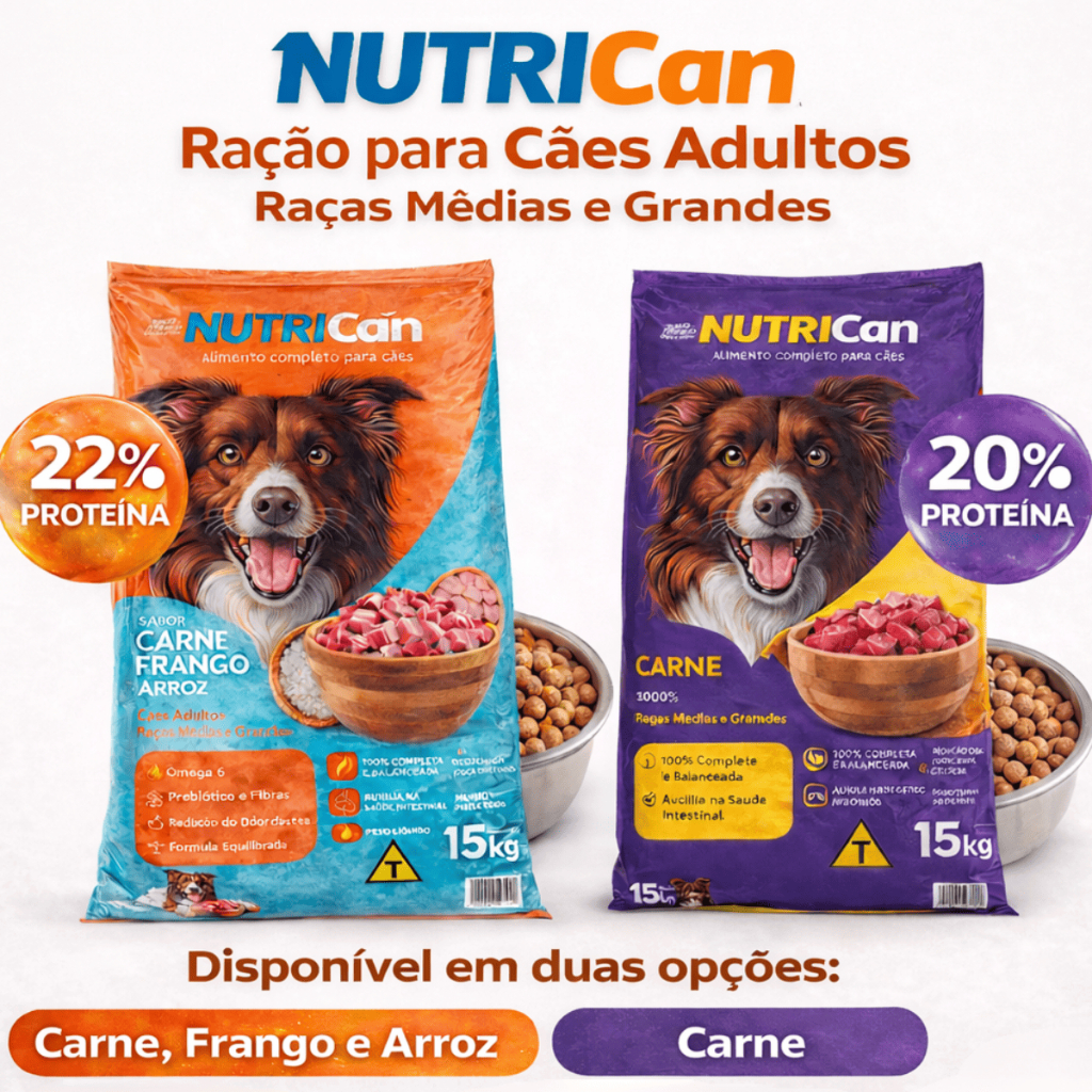 Ração NutriCan 15kg para Cães Adultos | Raças Médias e Grandes | 20% ou 22% Proteína | Carne, Frango e Arroz em Oferta na Shopee