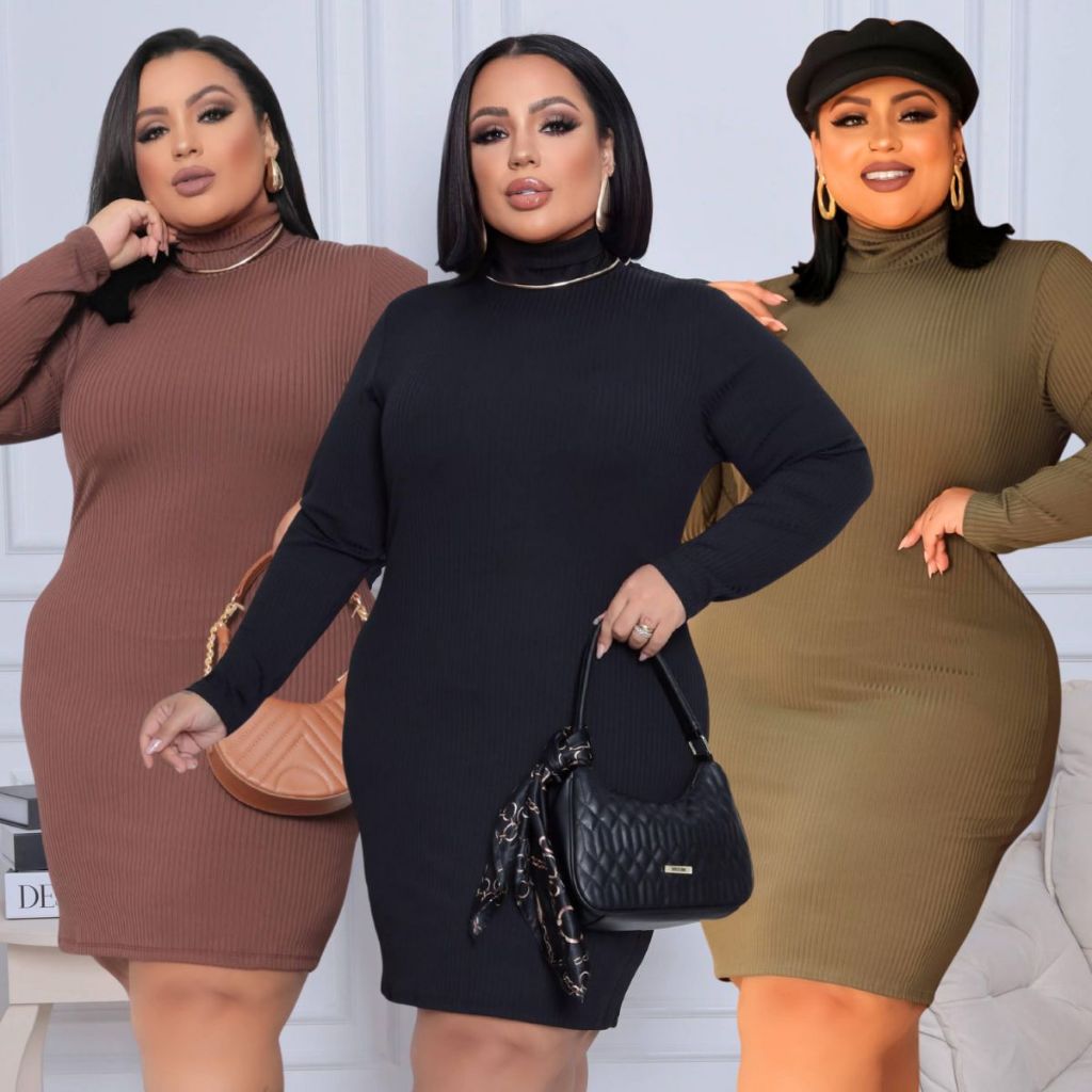 Vestido Canelado Plus Size Gola Alta Manga Longa Tubinho Elegante Inverno