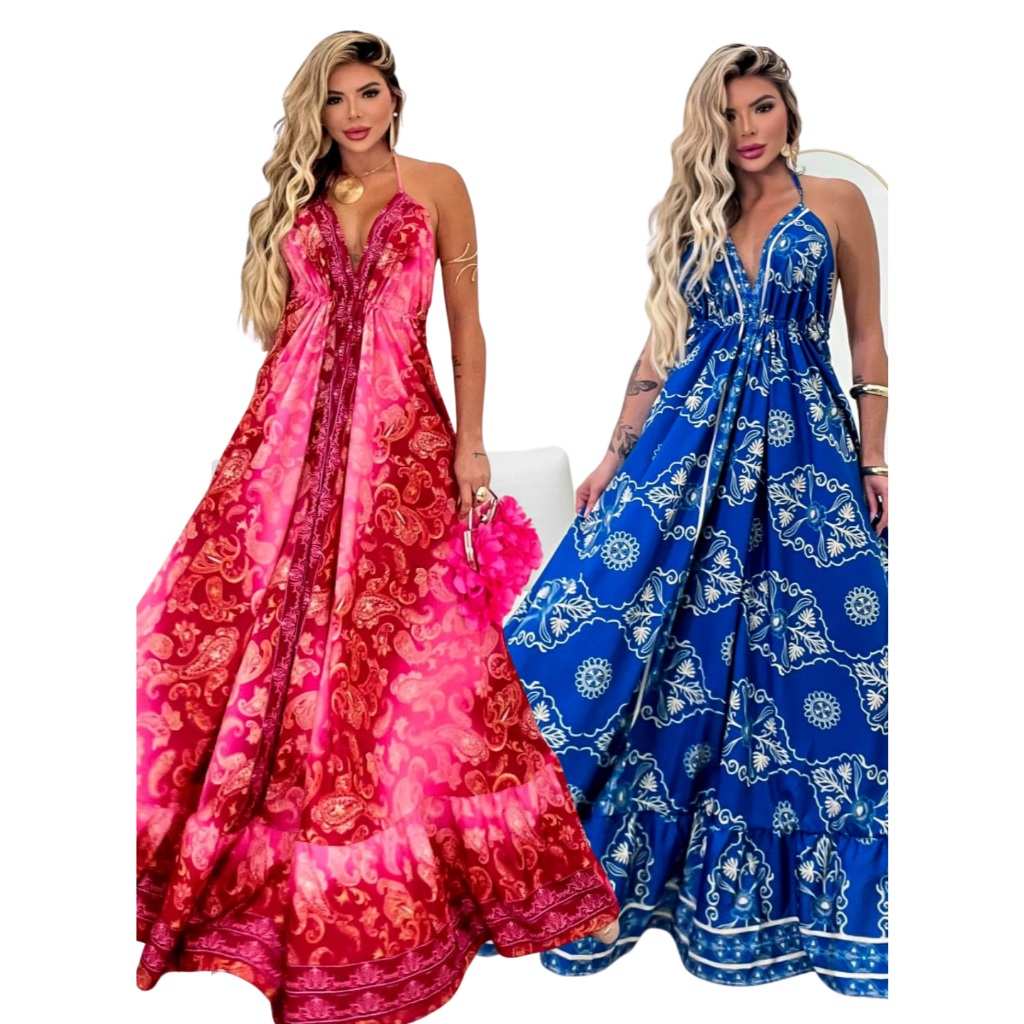 Vestido feminino INDIANO ESTAMPADO ELEGANTE longo frente Única e costa Nua