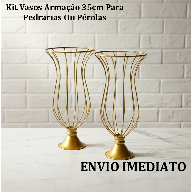 Kit 2 Vasos Decorativos 35cm Para Borda com Pedraria Pérolas decoração aramado armação Festa